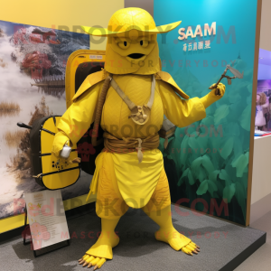 Yellow Samurai mascot costume character dressed with a One-Piece Swimsuit and Backpacks