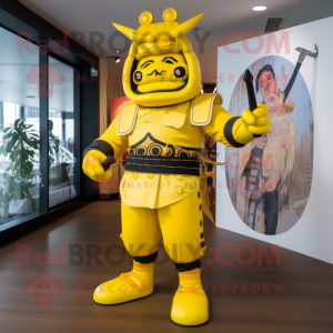 Yellow Samurai mascot costume character dressed with a One-Piece Swimsuit and Backpacks