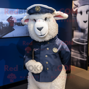Navy Sheep mascot costume character dressed with a Henley Shirt and Hairpins