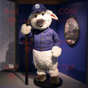 Navy Sheep mascot costume character dressed with a Henley Shirt and Hairpins