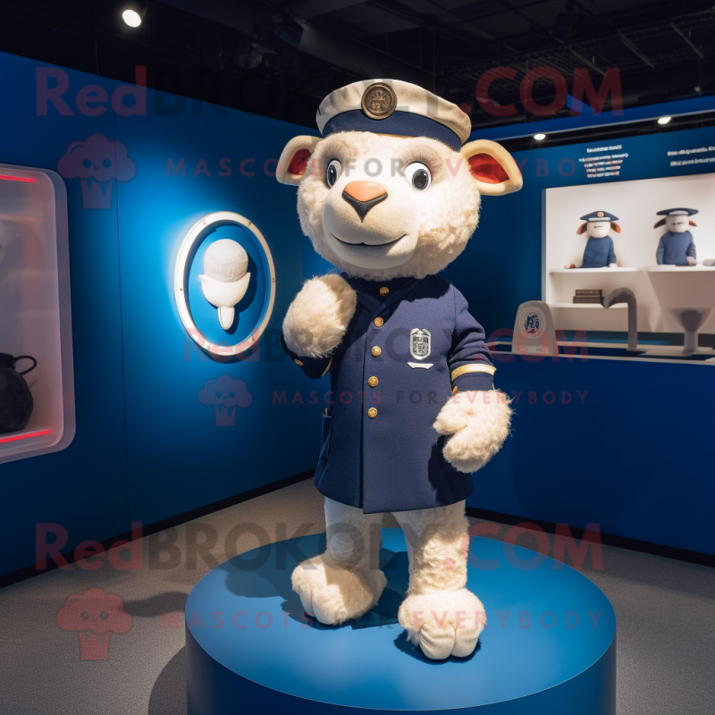 Navy Sheep mascot costume character dressed with a Henley Shirt and Hairpins