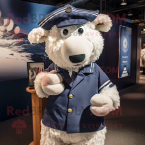 Navy Sheep mascot costume character dressed with a Henley Shirt and Hairpins