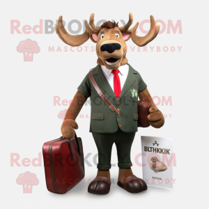 Red Irish Elk mascot costume character dressed with a Suit Jacket and Wallets