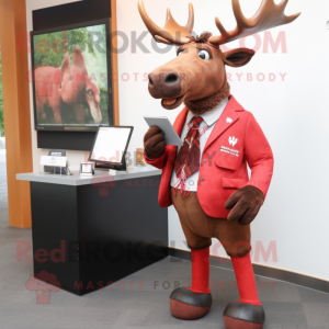 Red Irish Elk mascot costume character dressed with a Suit Jacket and Wallets