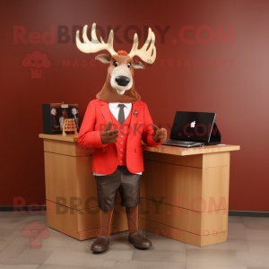 Red Irish Elk mascot costume character dressed with a Suit Jacket and Wallets