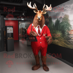 Red Irish Elk mascot costume character dressed with a Suit Jacket and Wallets