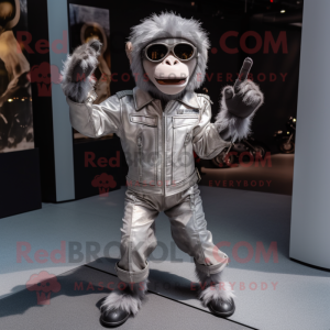 Silver Monkey mascot costume character dressed with a Biker Jacket and Foot pads