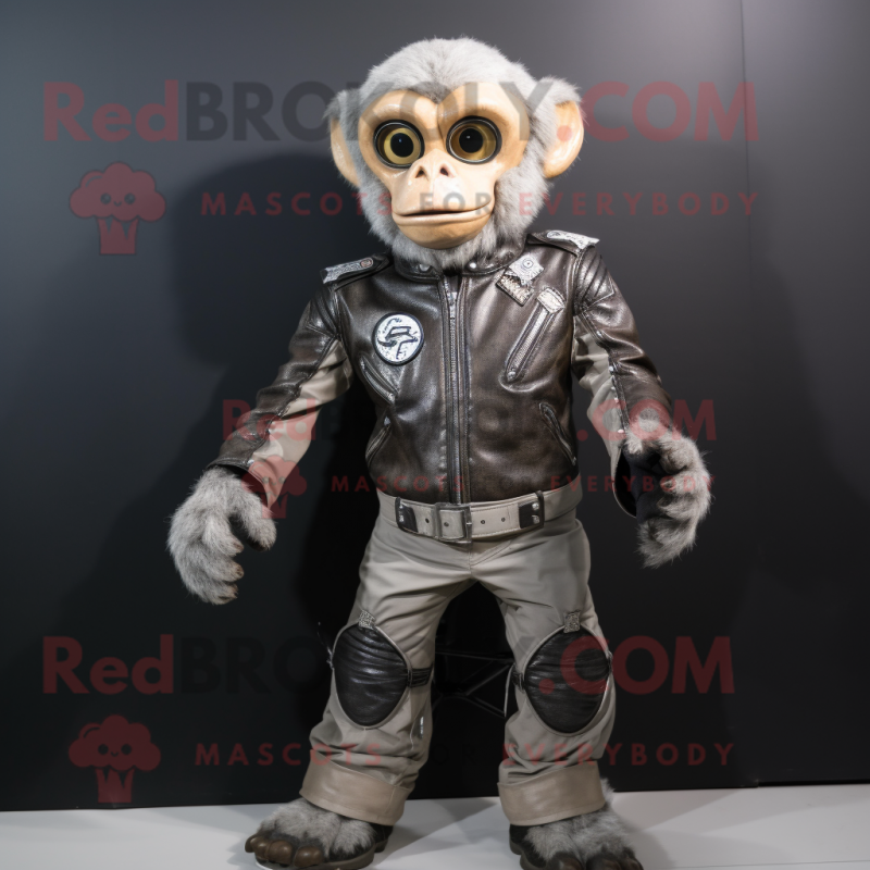 Silver Monkey mascot costume character dressed with a Biker Jacket and Foot pads