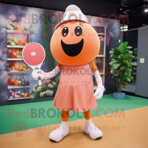 Peach Tennis Racket mascot costume character dressed with a Bodysuit and Beanies