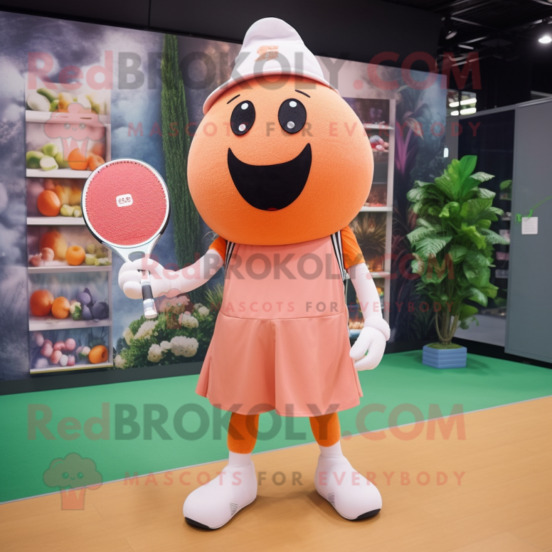 Peach Tennis Racket mascot costume character dressed with a Bodysuit and Beanies Peach Tennis Racket mascot costume character dressed with a Bodysuit and Beanies