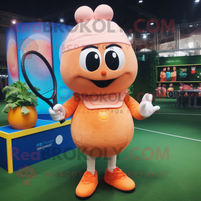 Peach Tennis Racket mascot costume character dressed with a Bodysuit and Beanies Peach Tennis Racket mascot costume character dressed with a Bodysuit and Beanies