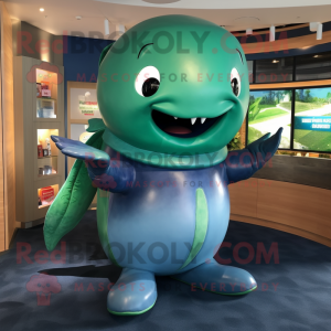 Green Blue Whale mascot costume character dressed with a Henley Tee and Rings