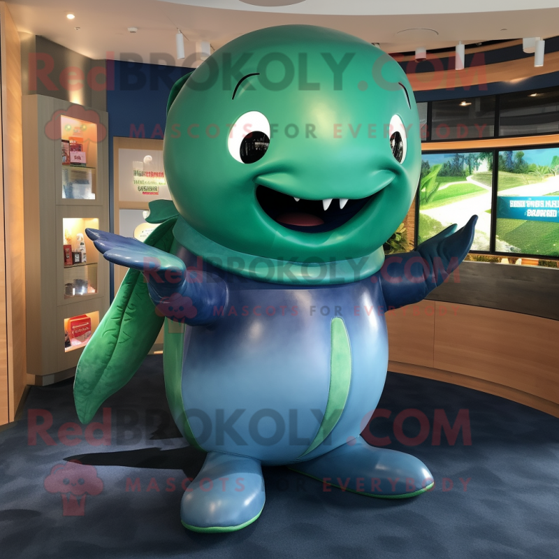 Green Blue Whale mascot costume character dressed with a Henley Tee and Rings Green Blue Whale mascot costume character dressed with a Henley Tee and Rings