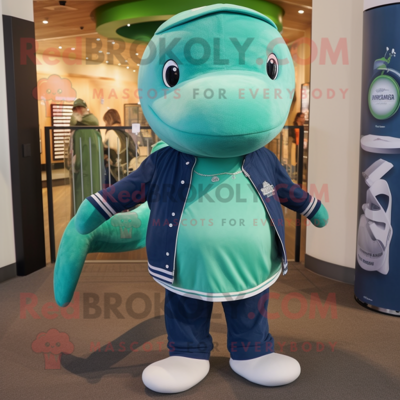 Green Blue Whale mascot costume character dressed with a Henley Tee and Rings Green Blue Whale mascot costume character dressed with a Henley Tee and Rings