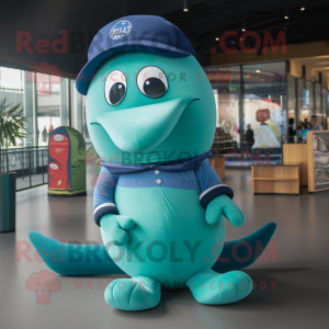 Green Blue Whale mascot costume character dressed with a Henley Tee and Rings