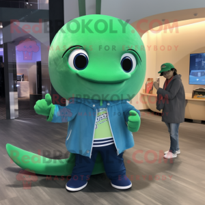 Green Blue Whale mascot costume character dressed with a Henley Tee and Rings