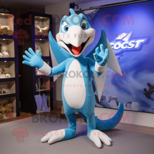 Sky Blue Pterodactyl mascot costume character dressed with a Joggers and Gloves