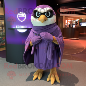 Purple Falcon mascot costume character dressed with a Cardigan and Wraps