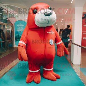 Red Stellar'S Sea Cow mascot costume character dressed with a Polo Shirt and Shoe clips