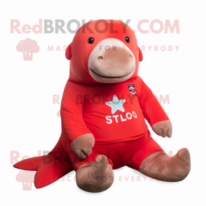 Red Stellar'S Sea Cow mascot costume character dressed with a Polo Shirt and Shoe clips