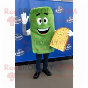Forest Green Grilled Cheese Sandwich mascot costume character dressed with a Chambray Shirt and Beanies