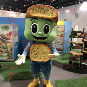 Forest Green Grilled Cheese Sandwich mascot costume character dressed with a Chambray Shirt and Beanies