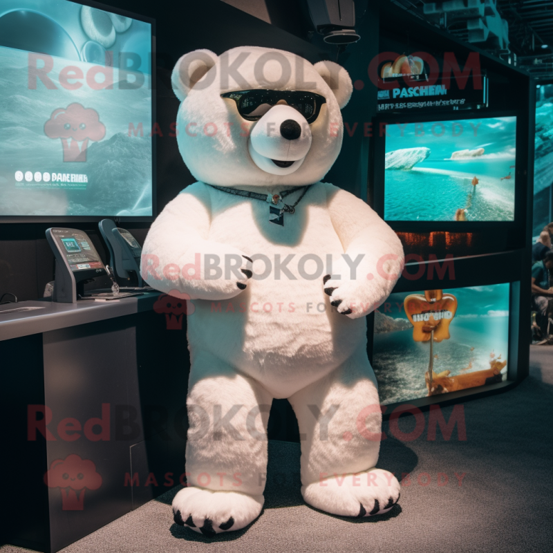 White Teddy Bear mascot costume character dressed with a Bikini and Watches White Teddy Bear mascot costume character dressed with a Bikini and Watches