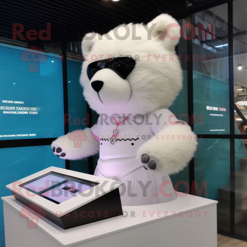 White Teddy Bear mascot costume character dressed with a Bikini and Watches White Teddy Bear mascot costume character dressed with a Bikini and Watches