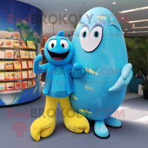 Sky Blue Banana mascot costume character dressed with a One-Piece Swimsuit and Wallets