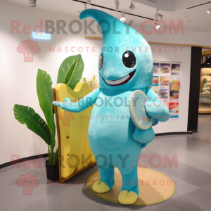 Sky Blue Banana mascot costume character dressed with a One-Piece Swimsuit and Wallets