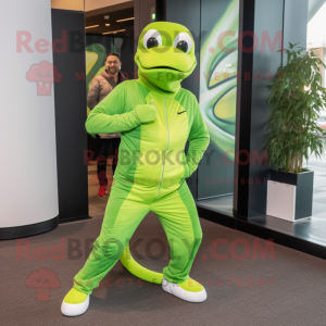 Lime Green Python mascot costume character dressed with a Joggers and Pocket squares