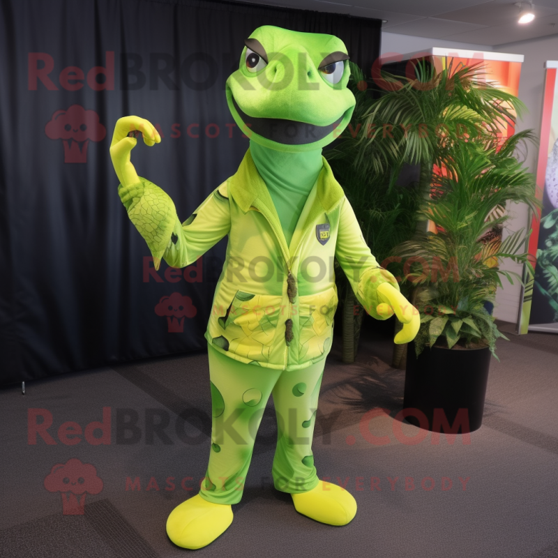 Lime Green Python mascot costume character dressed with a Joggers and Pocket squares