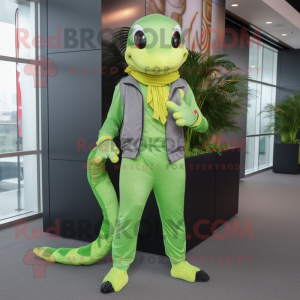 Lime Green Python mascot costume character dressed with a Joggers and Pocket squares