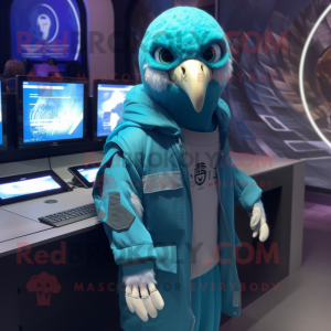 Cyan Hawk mascot costume character dressed with a Parka and Caps