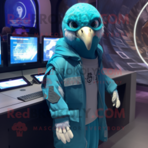 Cyan Hawk mascot costume character dressed with a Parka and Caps