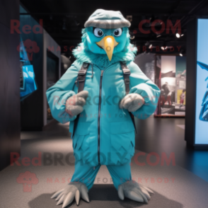 Cyan Hawk mascot costume character dressed with a Parka and Caps