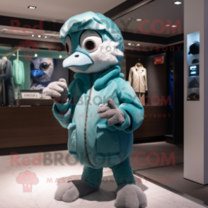 Cyan Hawk mascot costume character dressed with a Parka and Caps