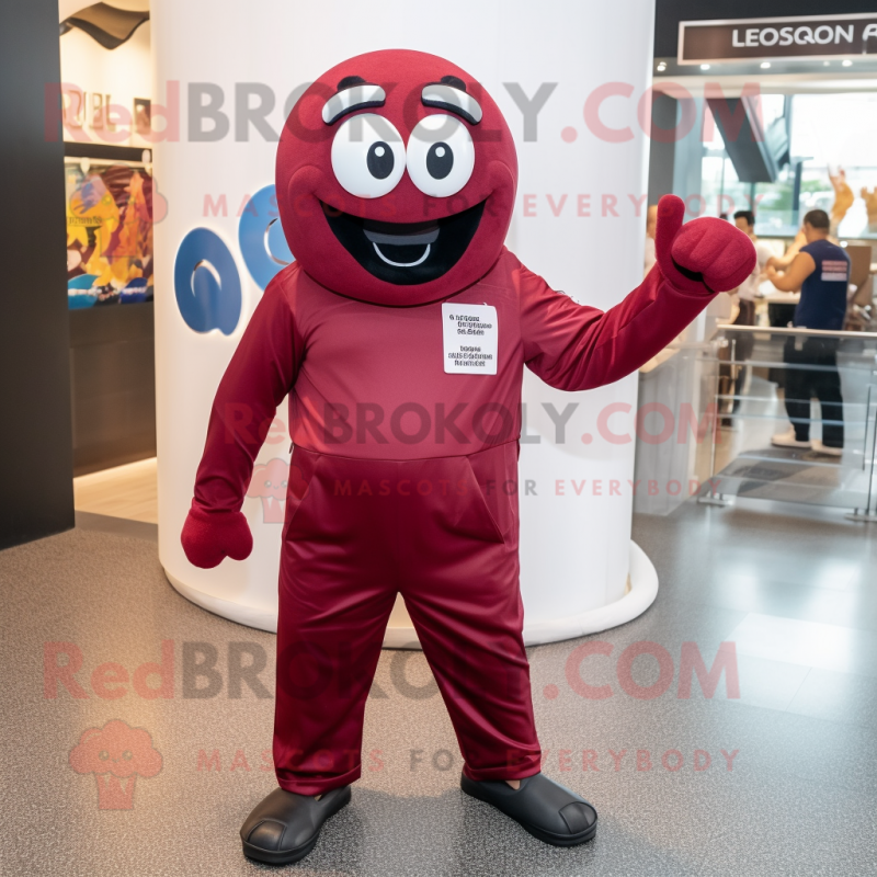 Maroon Aglet mascot costume character dressed with a Jumpsuit and Brooches Maroon Aglet mascot costume character dressed with a Jumpsuit and Brooches