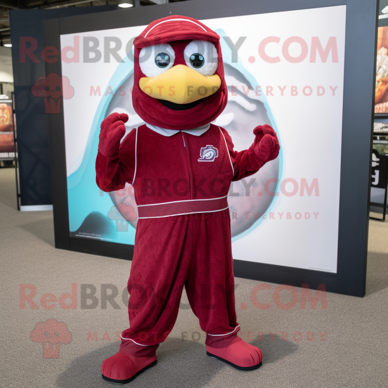 Maroon Aglet mascot costume character dressed with a Jumpsuit and Brooches Maroon Aglet mascot costume character dressed with a Jumpsuit and Brooches