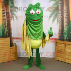 Forest Green Shrimp Scampi mascot costume character dressed with a Capri Pants and Scarves