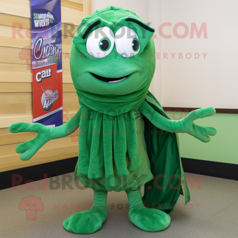 Forest Green Shrimp Scampi mascot costume character dressed with a Capri Pants and Scarves