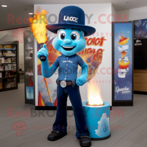 Blue Fire Eater mascot costume character dressed with a Flare Jeans and Watches