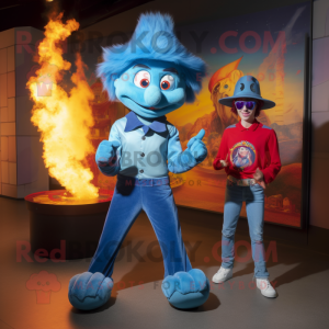 Blue Fire Eater mascot costume character dressed with a Flare Jeans and Watches