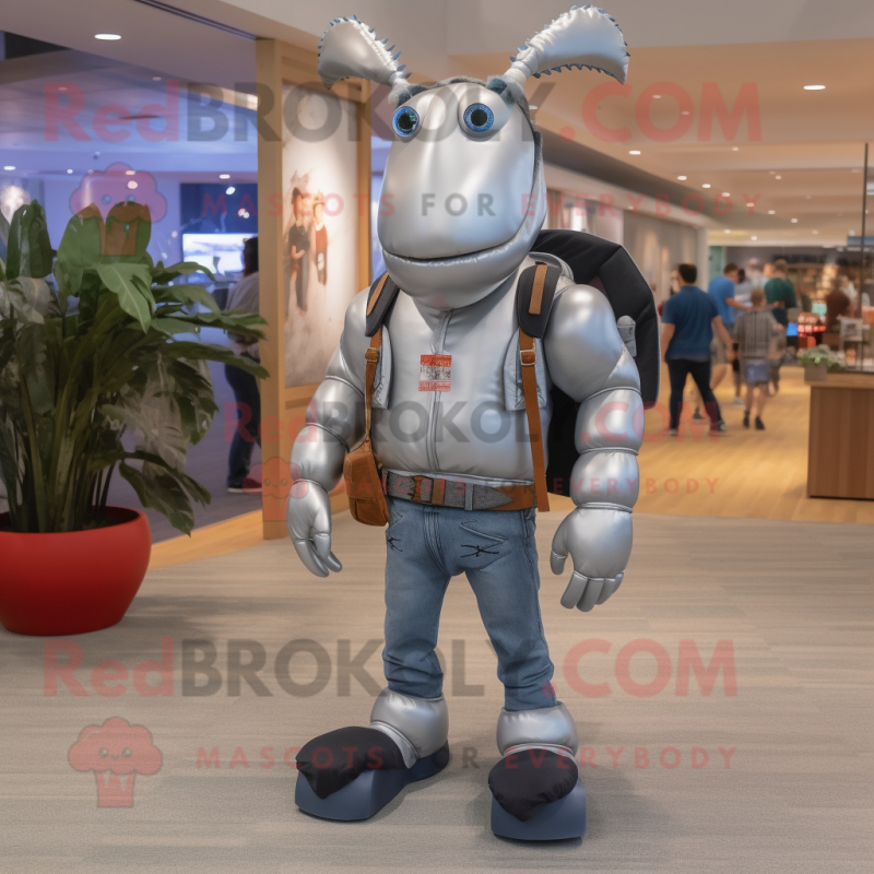 Silver Lobster mascot costume character dressed with a Bootcut Jeans and Backpacks Silver Lobster mascot costume character dressed with a Bootcut Jeans and Backpacks
