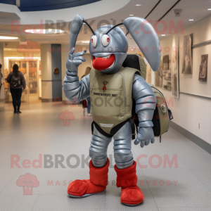 Silver Lobster mascot costume character dressed with a Bootcut Jeans and Backpacks