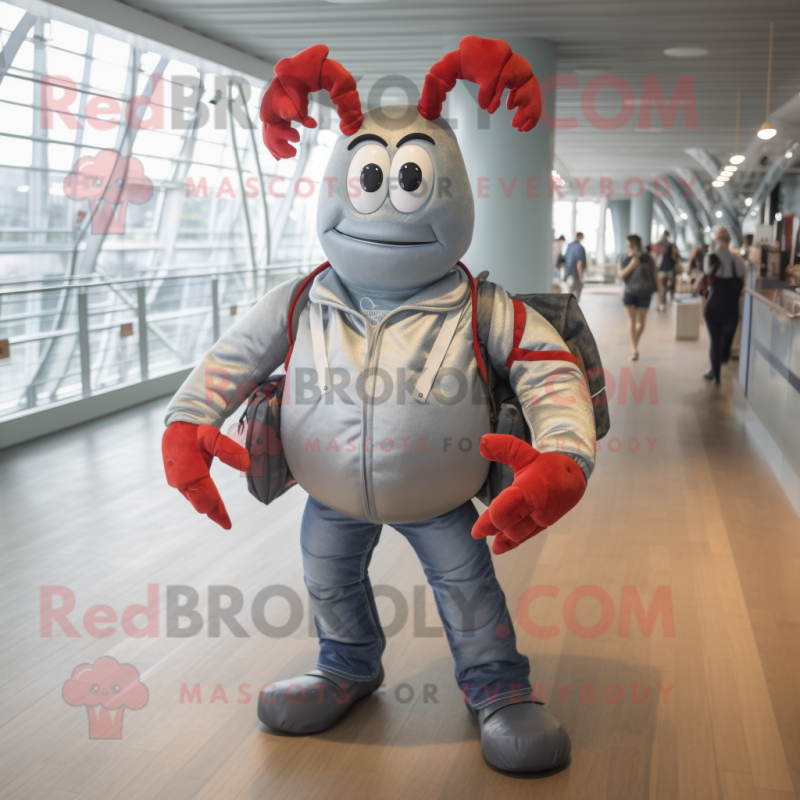 Silver Lobster mascot costume character dressed with a Bootcut Jeans and Backpacks Silver Lobster mascot costume character dressed with a Bootcut Jeans and Backpacks