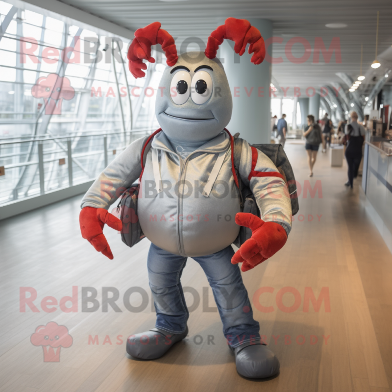 Silver Lobster mascot costume character dressed with a Bootcut Jeans and Backpacks