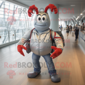 Silver Lobster mascot costume character dressed with a Bootcut Jeans and Backpacks