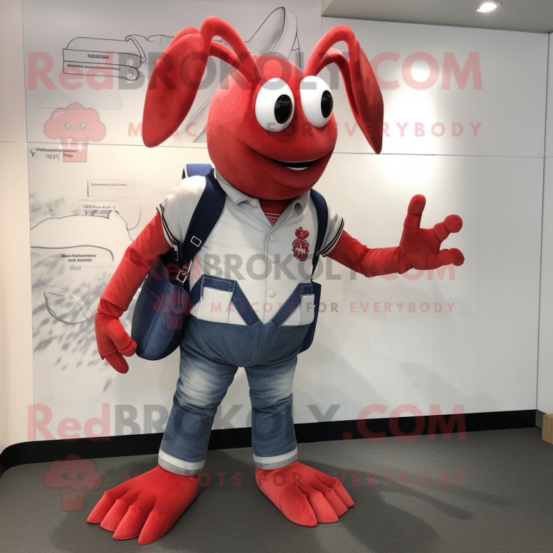 Silver Lobster mascot costume character dressed with a Bootcut Jeans and Backpacks