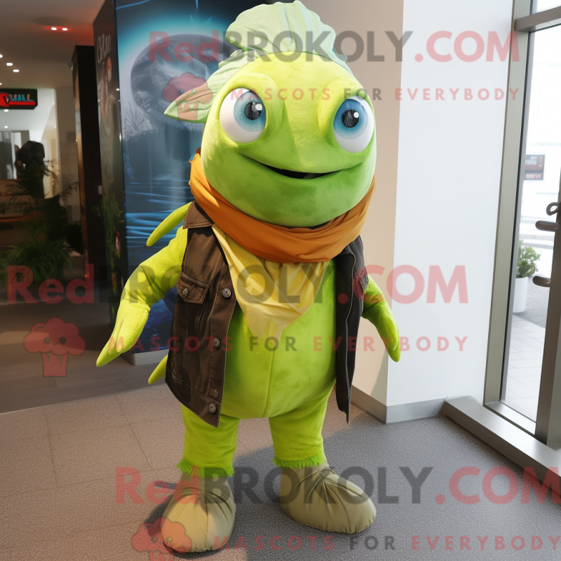 Fantasia de mascote de atum verde-limão com jeans e cachecóis - Mascotes Feijão Verde - REBROKO_331863 - RedBrokoly.com